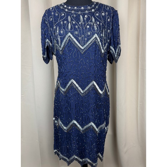 Laurence Kazar Dresses & Skirts - Vintage 80s Laurence Kazar New‎ York Silk Beaded Dress Blue Art Deco Midi PL